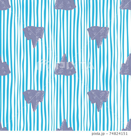 Antarctic nature seamless pattern with doodle purple iceberg silhouettes. White and blue striped background. 74824151