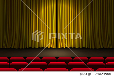 spotlight and gold curtain on the stage in the hall spotlight and gold curtain on the stage in the hall 74824906