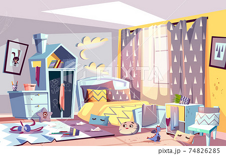 Kids Bedroom In Mess Cartoon Vector Illustrationのイラスト素材