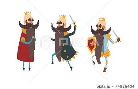 Funny Warlike King Character Set, Old Comic Bald Bearded King Wearing Gold Crown with Sword Cartoon Style Vector Illustration Funny Warlike King Character Set, Old Comic Bald Bearded King Wearing Gold Crown with Sword Cartoon Style Vector Illustration 74826404