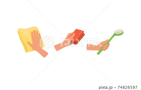 Woman Hand with Cleaning Tools Set, Hand Holding Rag, Brush, Sponge, Housework Supplies, Housekeeping Concept Cartoon Style Vector Illustration 74826597