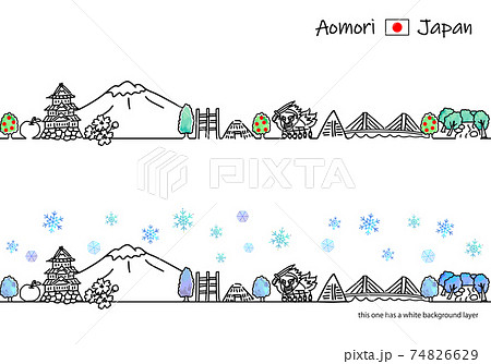 冬の青森の街並みシンプル線画イラストセット 冬の青森の街並みシンプル線画イラストセット 74826629