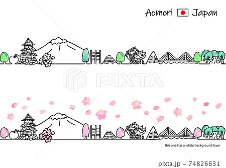 春の青森の街並みシンプル線画イラストセット 74826631