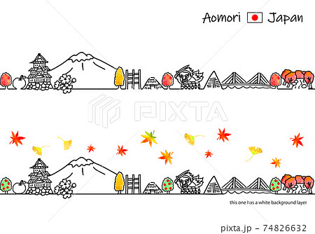 秋の青森の街並みシンプル線画イラストセット 74826632