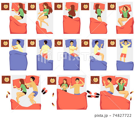 Woman and man at night in sleeping poses, flat vector illustration isolated. Woman and man at night in sleeping poses, flat vector illustration isolated. 74827722