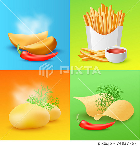 Cards with various fried and cooked potato realistic vector illustration. 74827767