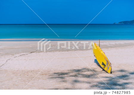 Many surfboards for rent  at summer beach with sunlight  blue sky. 74827985