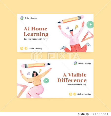 Twitter template with online learning concept design for social media and community watercolor illustration Twitter template with online learning concept design for social media and community watercolor illustration 74828281