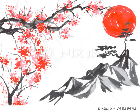 Japan traditional sumi-e painting. Fuji mountain, sakura, sunset. Japan sun. Indian ink vector illustration. Japanese picture. 74829442