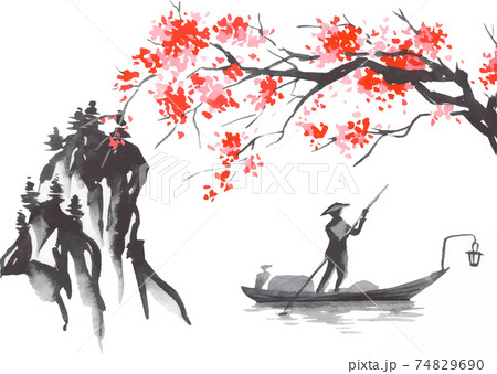 Japan traditional sumi-e painting. Fuji mountain, sakura, sunset. Japan sun. Indian ink vector illustration. Japanese picture. 74829690