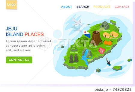 Jeju island places landing page template. Traveling to korea by landmarks icon map illustration Jeju island places landing page template. Traveling to korea by landmarks icon map illustration 74829822