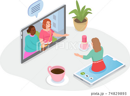Video call with friend. Women communicating by phone and computer. Online conference virtual meeting 74829893