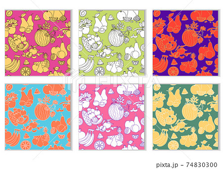 Set of seamless patterns with fruits, different colors, linear sketch hand drawn illustration, vector bright design for textile printing. 74830300