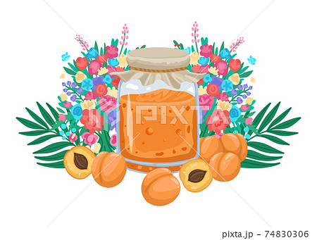 Apricot jam in a jar, apricots and an ornament with flowers on the background. Bright design illustration of jam. Vector cartoon style drawing Apricot jam in a jar, apricots and an ornament with flowers on the background. Bright design illustration of jam. Vector cartoon style drawing 74830306