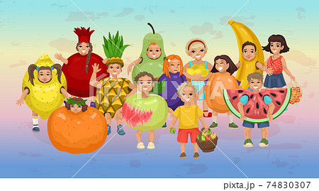 Children in fruit costumes. Set of characters. Crowd of cheerful preschoolers. Vector drawing illustration Children in fruit costumes. Set of characters. Crowd of cheerful preschoolers. Vector drawing illustration 74830307