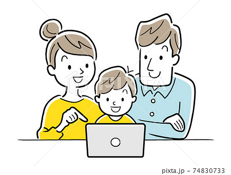 イラスト素材：パソコン、タブレットを使う家族 74830733