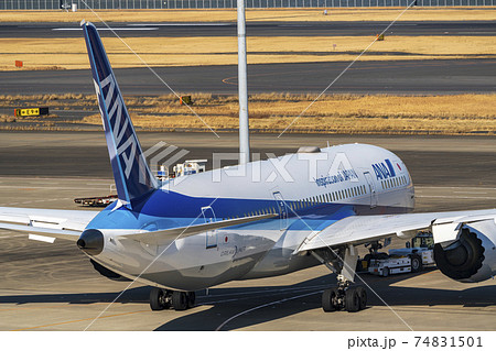 空港の風景 牽引される飛行機 東京都大田区 空港の風景 牽引される飛行機 東京都大田区 74831501