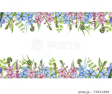Floral seamless border watercolor illustration. Elegant ornament frame. Realistic spring flowers and fern decor. Hand drawn river blossoms with tender garden flower in elegant seamless border 74831889