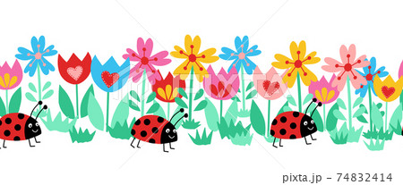 Seamless kids vector border ladybugs and flowers. Cute floral animal repeating horizontal pattern Seamless kids vector border ladybugs and flowers. Cute floral animal repeating horizontal pattern 74832414