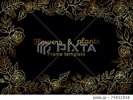 花と葉っぱの線画のゴールドフレームイラストのイラスト素材 7428