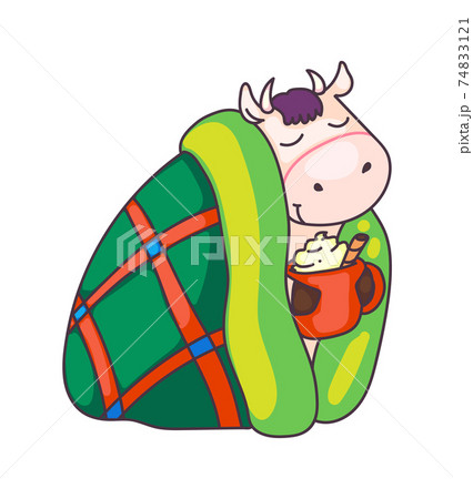 Cow wrapped in blanket with hot drink in winter 74833121