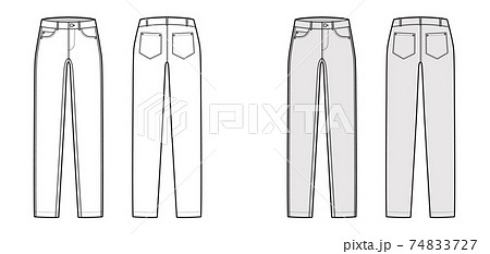 Skinny Jeans Denim pants technical fashion illustration with full length, low waist, rise, curved, coin angled 5 pockets Skinny Jeans Denim pants technical fashion illustration with full length, low waist, rise, curved, coin angled 5 pockets 74833727