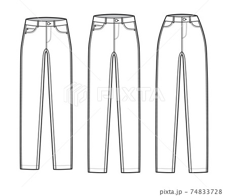 Set of Skinny Jeans Denim pants technical fashion illustration with full length, normal low waist, 5 pockets, Rivets. Set of Skinny Jeans Denim pants technical fashion illustration with full length, normal low waist, 5 pockets, Rivets. 74833728