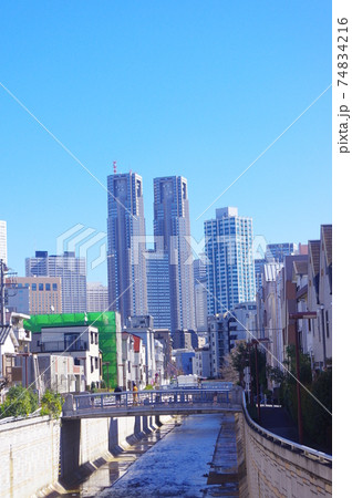 青空の東京都庁と神田川 青空の東京都庁と神田川 74834216