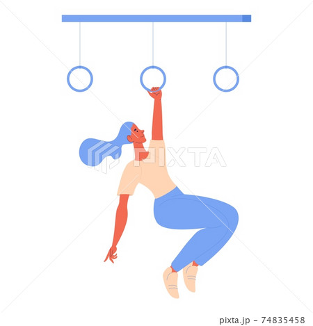 Woman hanging on gymnastic rings during obstacle course racing isolated on white. Healthy lifestyle character ready for sport 74835458