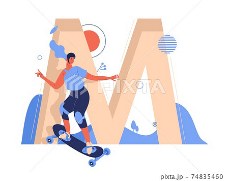 Woman on skateboard while mountainboarding ride. Large letter M on background. Extreme sport and healthy lifestyle illustration 74835460