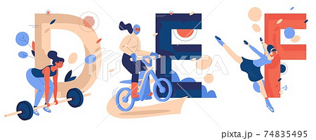 Letters D for deadlifting, E for enduro sport racing, f for figure skating vector collection. Concept illustrations good for logo and school design 74835495