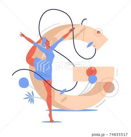 Young woman training gymnastics with ribbon. Large letter G and female character drawn in blue and orange. Healthy lifestyle and beauty concept drawn in cartoon style Young woman training gymnastics with ribbon. Large letter G and female character drawn in blue and orange. Healthy lifestyle and beauty concept drawn in cartoon style 74835517