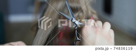 Hand hold scissors close up on hair background. Hand hold scissors close up on hair background. 74836119