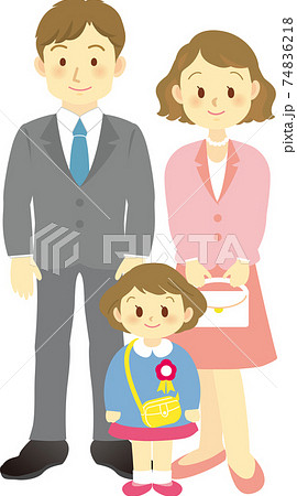 イラスト素材 3月卒園式 4月入園式 3人家族 ピンクのスーツ 核家族のイラスト素材
