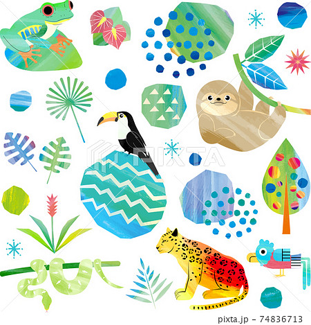 背景透過 熱帯雨林の動物達の水彩風のイラスト素材 のイラスト素材