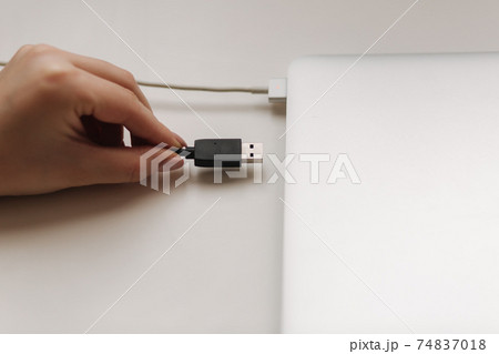 Female hand put USB adapter to copy file by laptop 74837018