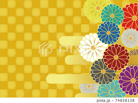 和風の菊と霞と市松模様 背景素材 ベクターイラストのイラスト素材