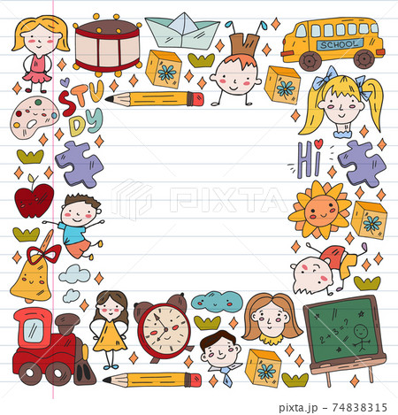 Vector pattern. School and online education. Little boys and girls play and grow together. Vector pattern. School and online education. Little boys and girls play and grow together. 74838315