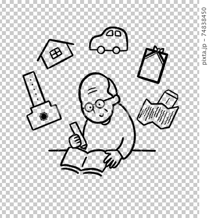 終活をするおじいさんのイラスト 線画のイラスト素材