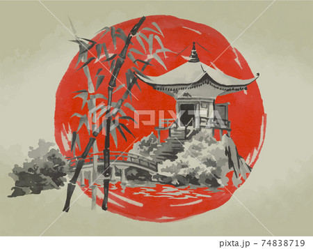 Japan traditional sumi-e painting. Fuji mountain, sakura, sunset. Japan sun. Indian ink illustration. Japanese picture on rice paper. Vector drawing. 74838719