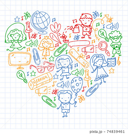Vector pattern with items for school. Online internet education, e-learning. 74839461