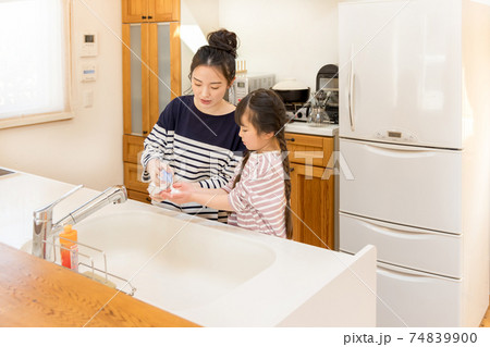 新しい生活様式　子供に手洗いを教える母親 74839900