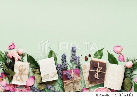 Natural soap bars with ingredients. Diy cosmetics products. Spa bath layout, copy space 74841335