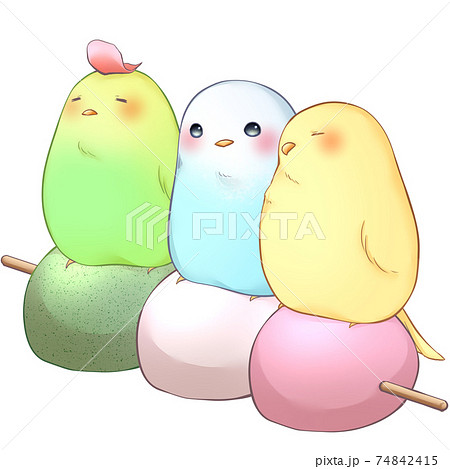Three Color Dumplings And Three Color Parakeets Stock Illustration