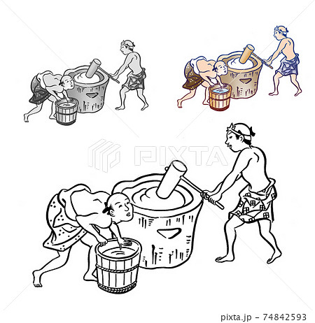 Ukiyo-e, rice cake making - Stock Illustration [74842593