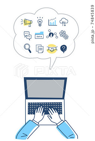 Web Iconとノートパソコンで作業をする人の手元のイラスト素材