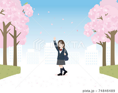 女子生徒 学生 中高生 手を振る 桜 桜並木 風景 イラスト素材のイラスト素材
