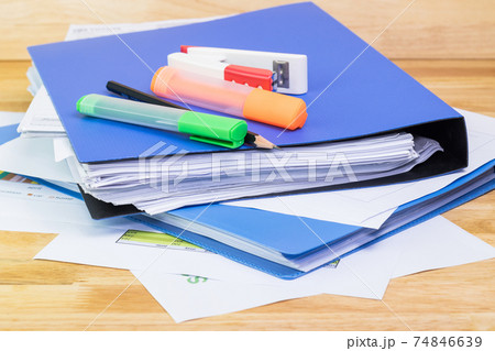 pencil, paper sheeet, folder file,graph sheet, Color highlight pen concept Office equipment 74846639