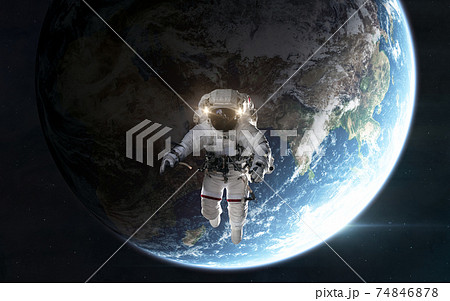 Astronaut orbiting planet Earth in outer space. Solar system. 3D render 74846878