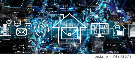 Telework theme with aerial view of city 74848672